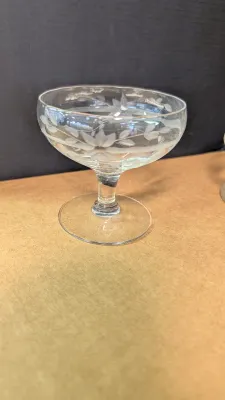 Tiffin Glass Clear Kings Crown Seamed Champagne Glasses & Vintage Crystal Etched Champagne Coupe Glasses Starflower Design