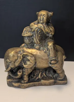 Brass Chinese Dynasty Child Riding Elephant Statue Fengshlui Tong Zi