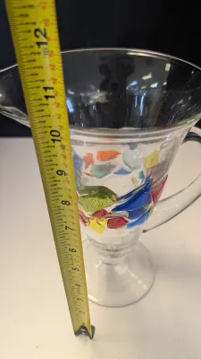 10" Vintage Hand Blown Multi Colored Mosaic Art Glass Pitcher