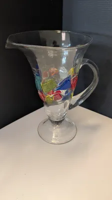 10" Vintage Hand Blown Multi Colored Mosaic Art Glass Pitcher