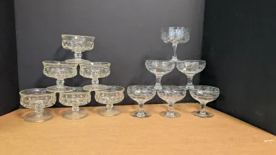 Tiffin Glass Clear Kings Crown Seamed Champagne Glasses & Vintage Crystal Etched Champagne Coupe Glasses Starflower Design
