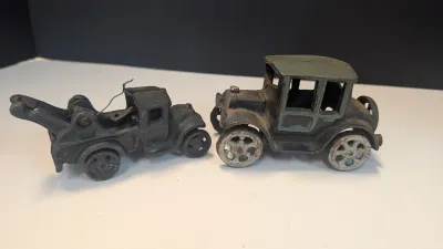 Vintage Cast Iron Model T Car 5" & Cast Iron Tow Truck Wrecker