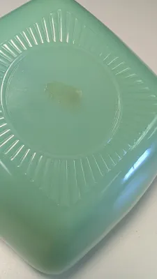 Anchor Hocking Jadeite Fire King Milk Pitcher, Teardrop Mixing Bowl & Square Plate