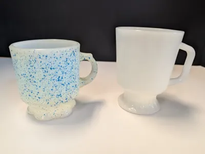 Anchor Hocking Fire King Blue Speckled Stacking Coffee Cup Mug & Fire King Anchor Hocking Milk Glass Mug w/ D Handle