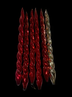 Sale Photo Thumbnail #81: Set of 6 Large Twisted Glass Finial Christmas Ornaments
Beautiful assortment of long twisted glass finial ornaments in metallic red and silver finishes. These elegant spiral ornaments measure approximately 11 inches long and make a dramatic statement on a
