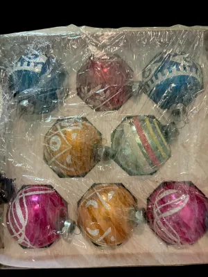 Sale Photo Thumbnail #27: This mixed lot of 8 vintage glass Christmas ornaments shows expected age-related wear, including crazing, discoloration, paint and glitter loss, scratches, and loss of silvering. Each ornament has its own unique vintage character. Please review all photos
