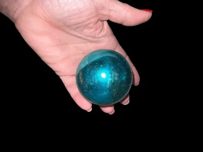 Sale Photo Thumbnail #124: Vintage set of five Shiny Brite glass Christmas ball ornaments in their original "Shiny Brite" box. These American-made ornaments feature a beautiful teal blue mercury glass finish with ribbed metal caps and are perfect for mid-century Christmas decoratin