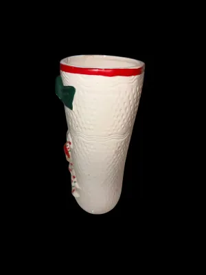 Sale Photo Thumbnail #129: Charming vintage UCAGCO (United China & Glass Company) ceramic Christmas boot planter featuring a whimsical pixie elf dressed in a candy cane-striped outfit, accented with raised holly leaves, berries, and a large green bow. This classic mid-century holid
