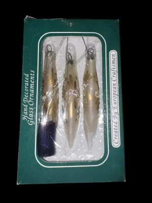 Sale Photo Thumbnail #72: Boxed Set of 3 European Hand-Decorated Glass Finial Ornaments
Elegant set of three hand-decorated glass finial ornaments featuring a frosted pearl finish with hand-painted gold accents. Original box is marked "Hand Decorated Glass Ornaments – Created by