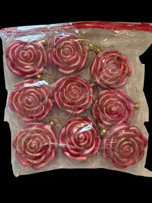 Sale Photo Thumbnail #40: Beautiful set of hand-blown pink rose ornaments with gold glitter accents. These are believed to be in the Christopher Radko style, but no signature, tag, or original packaging is present to confirm the maker.
Very good vintage/pre-owned condition with li