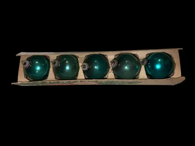 Sale Photo Thumbnail #122: Vintage set of five Shiny Brite glass Christmas ball ornaments in their original "Shiny Brite" box. These American-made ornaments feature a beautiful teal blue mercury glass finish with ribbed metal caps and are perfect for mid-century Christmas decoratin