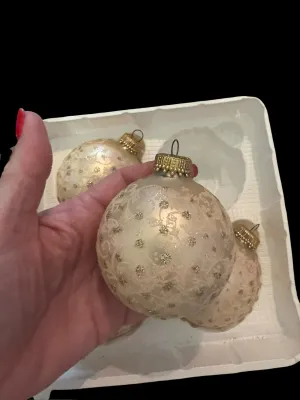 Sale Photo Thumbnail #33: 4 vintage glass Christmas ornaments shows expected age-related wear, including crazing, discoloration, paint and glitter loss, scratches, and loss of silvering. Each ornament has its own unique vintage character. Please review all photos as they are part 