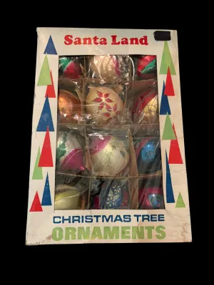 Sale Photo Thumbnail #16: This one appears to be a **Santa Land** boxed set of vintage glass ornaments, likely from the **1950s–1960s**. Here's a short description that matches your style:

Vintage Santa Land Mid-Century glass Christmas ornament set in the original box. A colorf