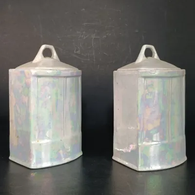 LOT 27: White Block German Made Lustre Ceramic Kitchen Canisters