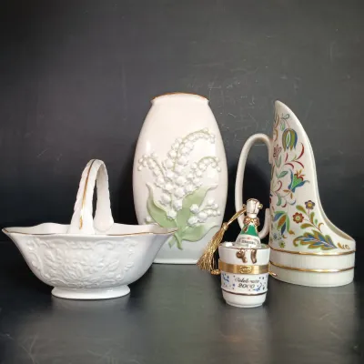 LOT 145: Lenox 8.25" Lily of the Valley Vase, Nantucket Handled Candle Holder, Floral Basket & New Years 2000 Trinket