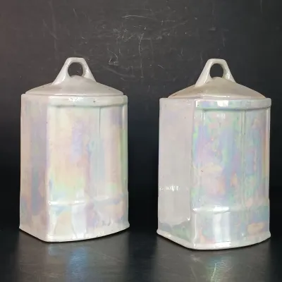 LOT 27: White Block German Made Lustre Ceramic Kitchen Canisters
