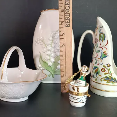 LOT 145: Lenox 8.25" Lily of the Valley Vase, Nantucket Handled Candle Holder, Floral Basket & New Years 2000 Trinket