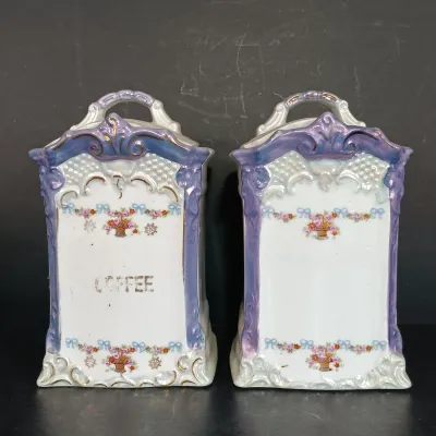 LOT 142: White Block German Made Lustre Ceramic Kitchen Canisters