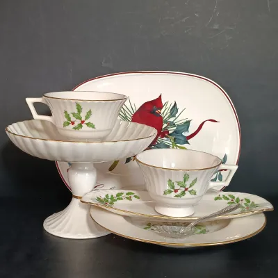 LOT 149: Lenox Holiday Plates, Teacups, Spoon & Candy Dish