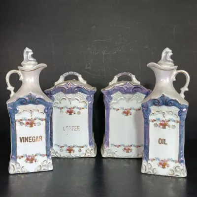 LOT 142: White Block German Made Lustre Ceramic Kitchen Canisters