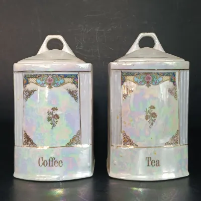 LOT 27: White Block German Made Lustre Ceramic Kitchen Canisters
