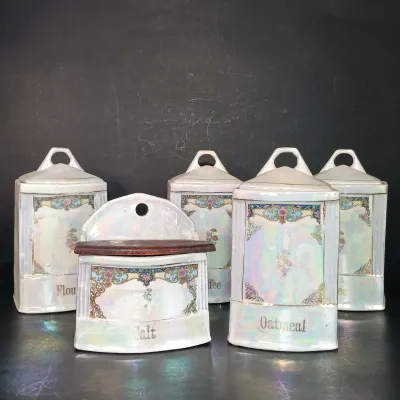 LOT 27: White Block German Made Lustre Ceramic Kitchen Canisters
