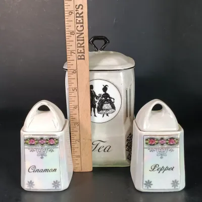 LOT 23: M Rosenbaum Bavarian Made Spice Canisters with Victoria Czechoslovakia Tea Canister