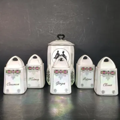 LOT 23: M Rosenbaum Bavarian Made Spice Canisters with Victoria Czechoslovakia Tea Canister