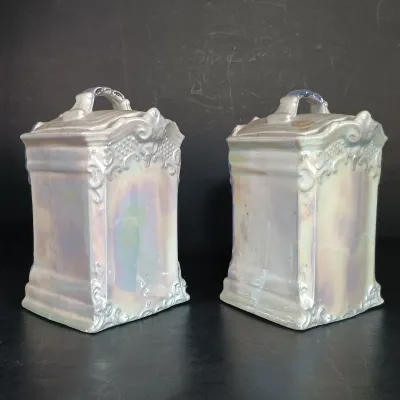 LOT 142: White Block German Made Lustre Ceramic Kitchen Canisters