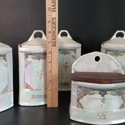LOT 27: White Block German Made Lustre Ceramic Kitchen Canisters