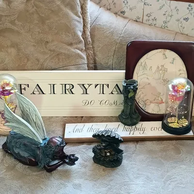 LOT 155: Fairytale Collection- Resin Art Nouveau Vase, Resin Mermaid in Shell and Fairy, 1938 German Reichspost Telegram & More