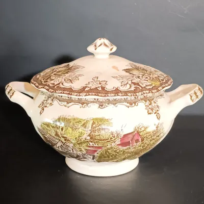 LOT 252: Johnson Brothers England 'The Friendly Village' Tiered Cake Plate, Tureen & Serving Platters