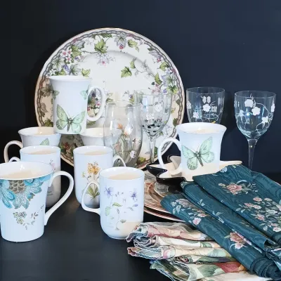 LOT 256: Garden Party Collection - Rose of England Mugs, Enameled Wine Glasses, Grace Tea Ware Mugs & More