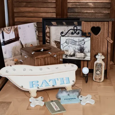 LOT 251: Bathroom Collection - Beaver Creek Outhouse Toilet Paper Holder, Wood Bathtub Sign & More