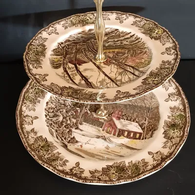 LOT 252: Johnson Brothers England 'The Friendly Village' Tiered Cake Plate, Tureen & Serving Platters