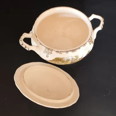 LOT 252: Johnson Brothers England 'The Friendly Village' Tiered Cake Plate, Tureen & Serving Platters