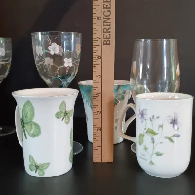 LOT 256: Garden Party Collection - Rose of England Mugs, Enameled Wine Glasses, Grace Tea Ware Mugs & More