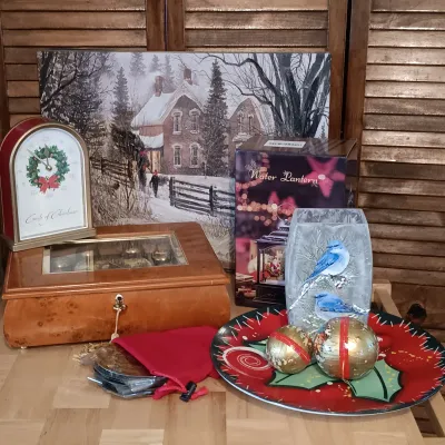 LOT 247: Mr. Christmas Deluxe Bell Symphonium with Records, Western Germany Paper Ornaments, Light-Up Water Lantern & More