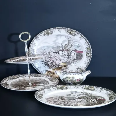 LOT 252: Johnson Brothers England 'The Friendly Village' Tiered Cake Plate, Tureen & Serving Platters