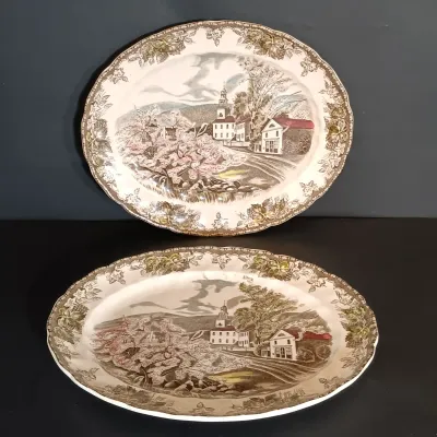 LOT 252: Johnson Brothers England 'The Friendly Village' Tiered Cake Plate, Tureen & Serving Platters