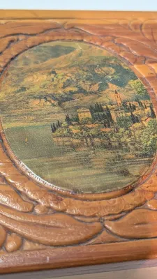 Sale Photo Thumbnail #432: The cedar box with the flower design has a broken latch

Vintage hand-carved cedar jewelry boxes featuring dovetail joints are highly sought-after mid-century collectibles, valued for their aromatic qualities, durability, and distinct folk-art aesthetic. 