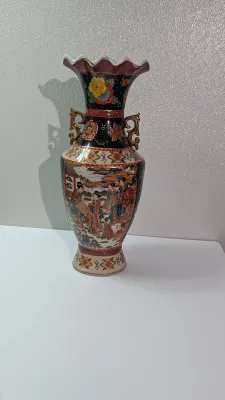 Sale Photo Thumbnail #32: Approx 15 1/2" tall - Vintage hand-painted Oriental vases with gold handles typically feature Japanese Satsuma-style, intricate Chinoiserie floral motifs, or traditional Chinese court scenes