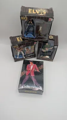 Sale Photo Thumbnail #221: Boxes have damage 

Nostalgic 4-inch pieces frequently feature Elvis in his iconic Aloha shirt strumming a ukulele,


4-inch figure produced by Trevco in 2002. It features Elvis in his iconic black leather outfit from the famous '68 Comeback SpecialThe El