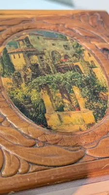 Sale Photo Thumbnail #433: The cedar box with the flower design has a broken latch

Vintage hand-carved cedar jewelry boxes featuring dovetail joints are highly sought-after mid-century collectibles, valued for their aromatic qualities, durability, and distinct folk-art aesthetic. 