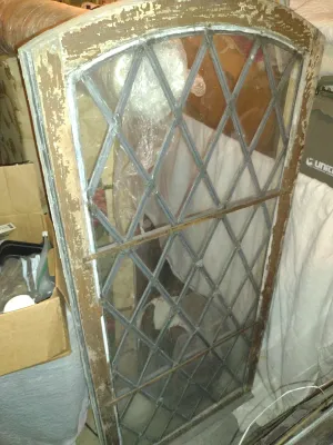Pair of Leaded Glass Windows with Diamond Pattern- Approx 24 1/2" x 54" Tall (Arched Top)