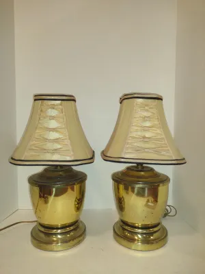 Pair of Small, Table Top Brass Lamps with Shades- Approx 15" Tall