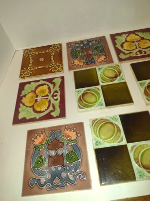 Collection of Antique Glazed Ceramic Tiles- Assorted Designs, Some Art Nouveau- Nine Pieces- Approx 6" Square (Set B)