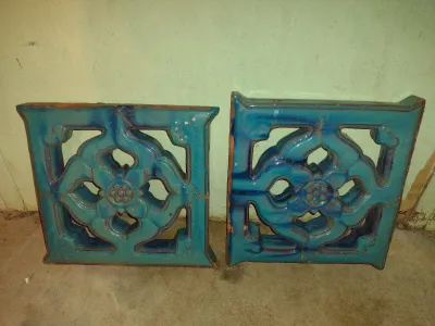 Pair of Antique Chinese Tiki Tiles- Glazed Ceramic/Terra Cotta Architectural Panels- Approx 12" x 12 1/2" x 1 1/4" Thick