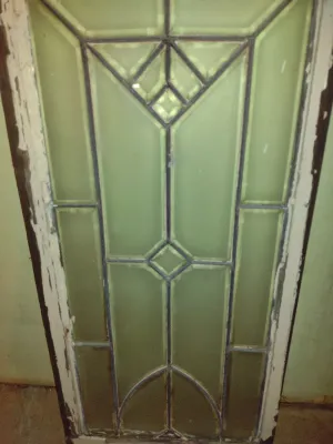 Antique Wood Framed Leaded Glass Architectural Decor- Approx 14 1/4" x 30 3/4" x 1 1/2" Deep (Bas)