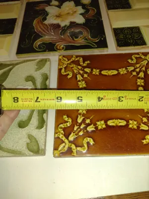 Collection of Glazed Tiles- Assorted Designs, Some Art Nouveau- Eight Pieces- Each Approx 6" Square (Set A)